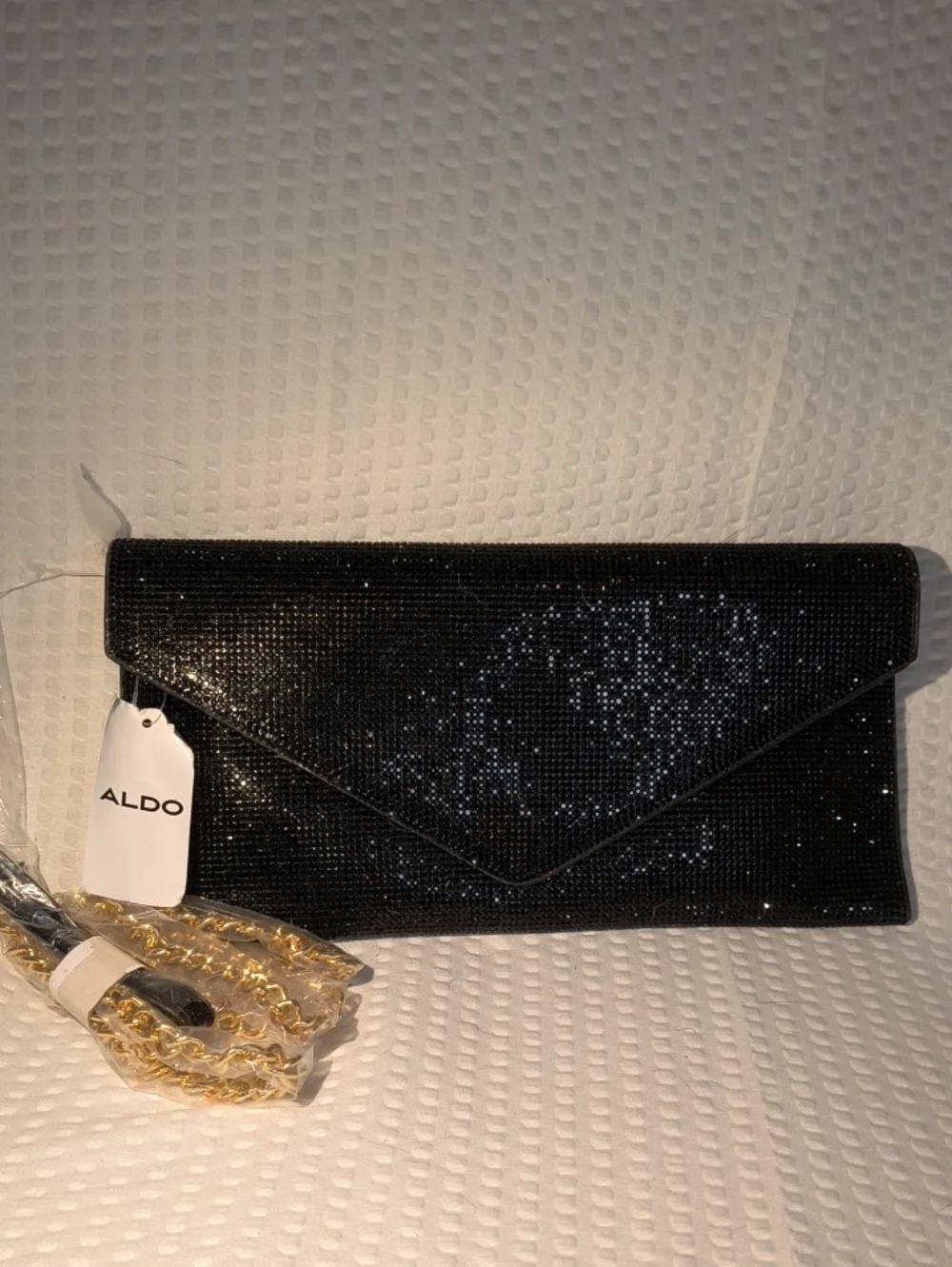 ALDO Black Sparkle Envelope Clutch/Wristlet  with Gold Chain/Strap